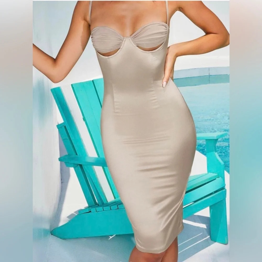 Oh Polly  Satin midi bodycon dress/Mesh bra cutout